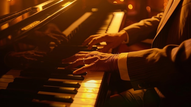 Elderly hands playing a melody on a grand piano in warm light