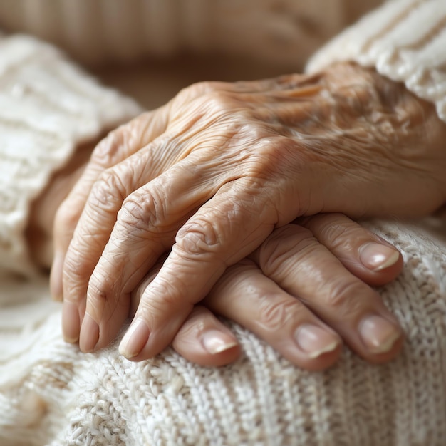 Photo elderly hands resting on a knitted surface showcasing the delicate lines and textures of aging skin