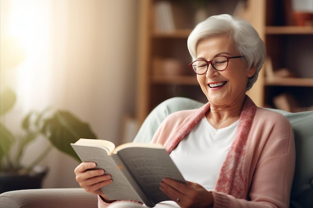 An elderly happy woman is sitting in a cozy armchair and reading a book a cozy atmosphere retirement