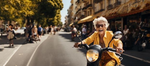 elderly happy woman rides a motor scooter Generative AI