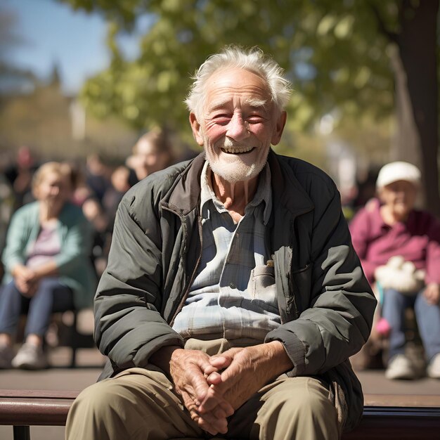 elderly homeless man occupies a park bench surrounded by families embracing the warmth of a sunny