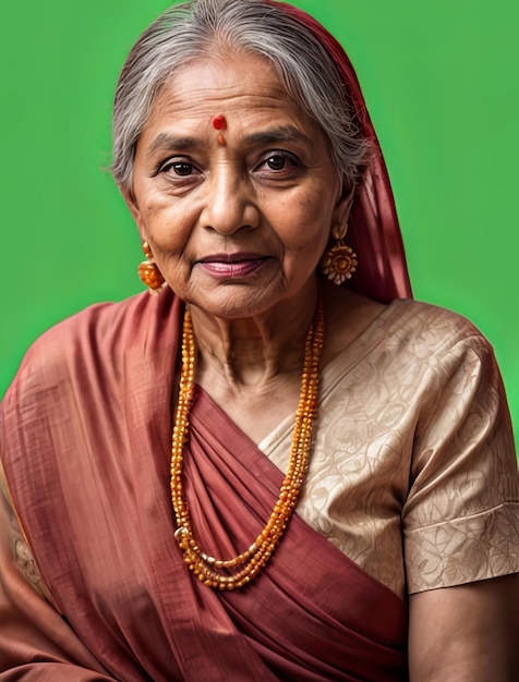 An elderly honored woman of india holi color festival grandmother dressed in a sari