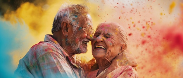 An elderly Indian couple covered in colorful powder celebrating the Hindu holiday Holi