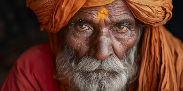 Elderly Indian Man Wearing Traditional Clothes Closeup On Dark Background For Captions