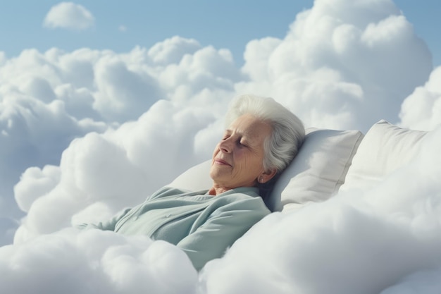 Elderly individuals napping on fluffy clouds background with empty space for text