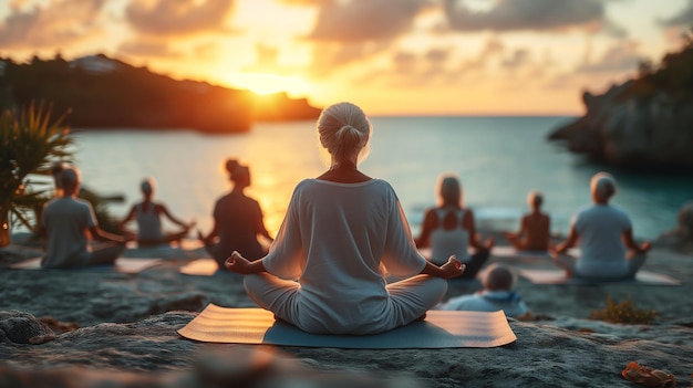 Elderly individuals practicing outdoor yoga poses