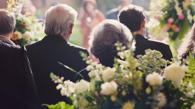 Photo elderly individuals standing solemnly among a variety of flowers capturing a poignant moment at a ceremonial gathering or memorial