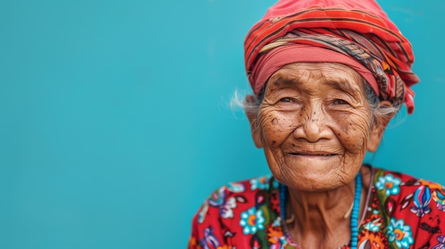 An elderly Indonesian woman wearing a red turban smiles softly