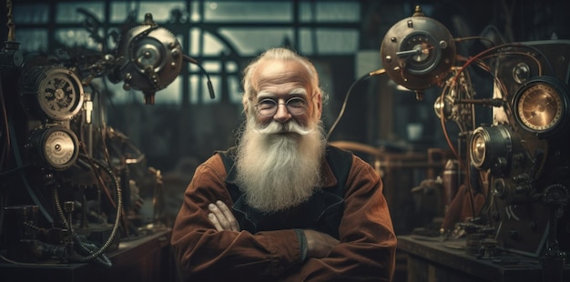 Elderly inventor in his workshop surrounded by intricate machinery with a face full of stories