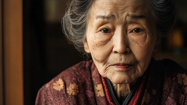 Photo elderly japanese woman wearing traditional clothing looking directly at viewer