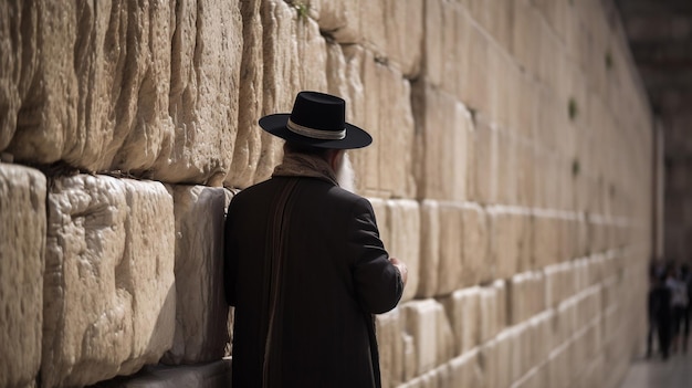 Elderly Jewish Man Praying at the Western Wall in Traditional Black Attire