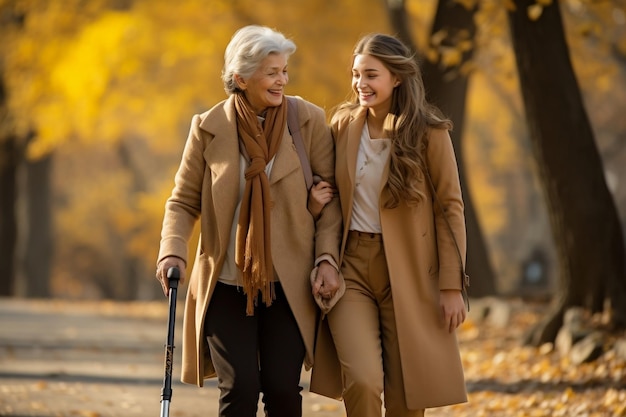 Elderly Lady Assisting Another Woman in Walking Generative AI