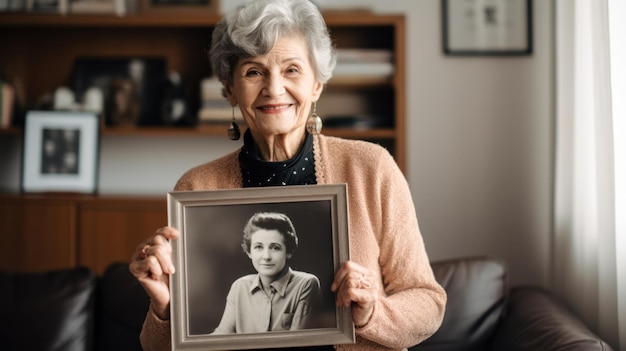 Photo elderly lady in a cozy home setting holds a framed monochrome photograph of her youth