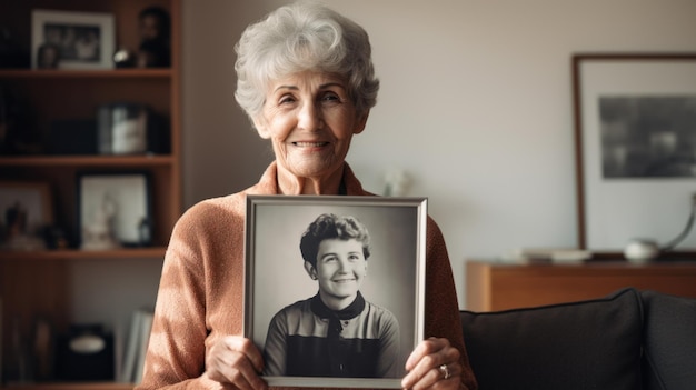 Photo elderly lady in a cozy home setting holds a framed monochrome photograph of her youth