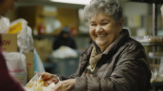 Elderly lady sharing a warm heartwarming smile while volunteering at a food bank