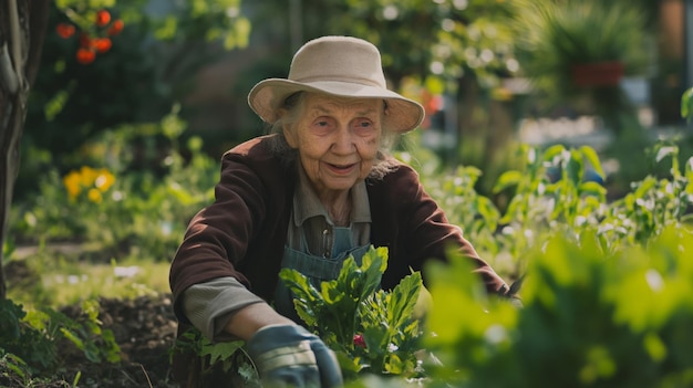 Elderly lady tenderly plants seedlings in a park a serene expression on her face embodying the spirit of growth and natures stewardship