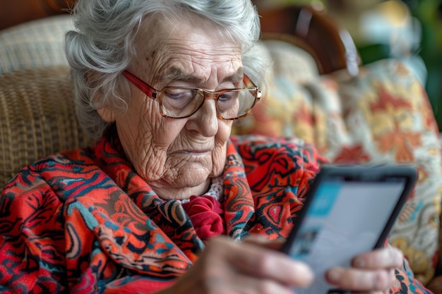 Elderly lady utilizing tech tools