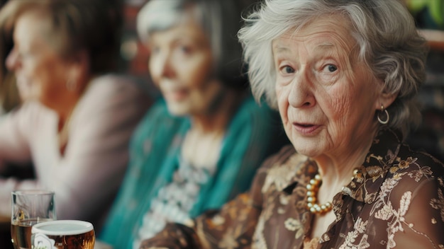 Elderly lady with pearls shares a tale wisdom gleaming in her eyes