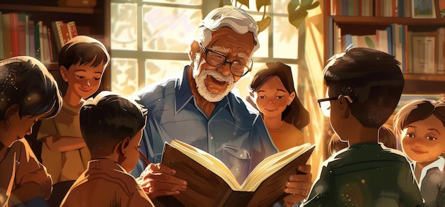 An elderly Latinx man with a kind smile and a weathered face reading a story to a group of children of various races The scene takes place in a cozy library filled with sunlight