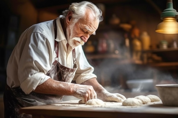 An elderly male baker prepares dough for bread in the kitchen Kneads dough for baking Homemade bread production Fresh bakery Private production