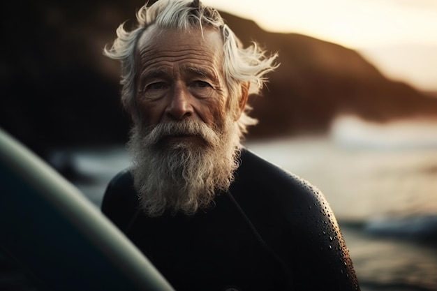 An elderly male surfer at sunset in the water catches a wave with a surfboard Generative AI illustration