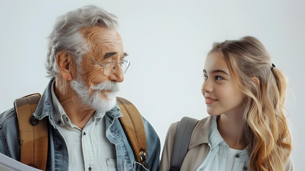 Elderly Male Teacher Engaged in Conversation with Teenage Female Student on White Background