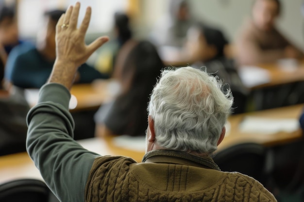 Elderly man actively participating in a classroom setting raising his hand to ask a question among younger students