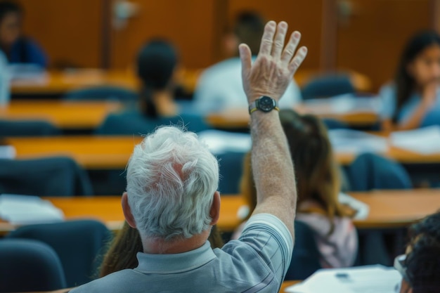 Elderly man actively participating in a classroom setting raising his hand to ask a question among younger students