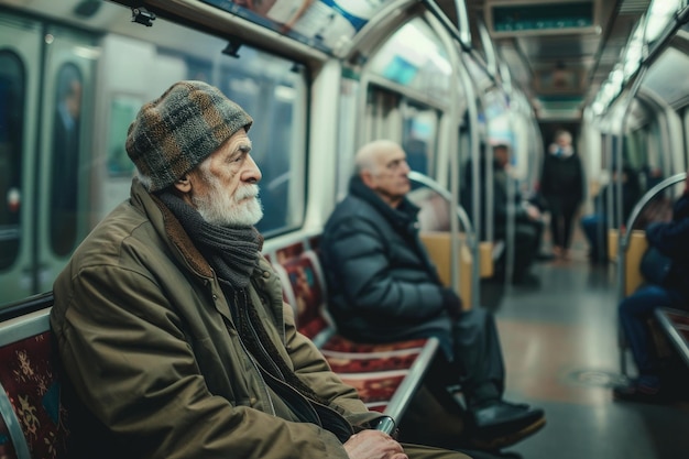 elderly man in a beanie sits alone in a subway car looking thoughtful other passengers seated