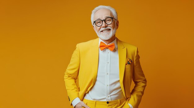 Photo elderly man in a bright yellow suit and orange bow tie poses confidently against a vibrant orange backdrop