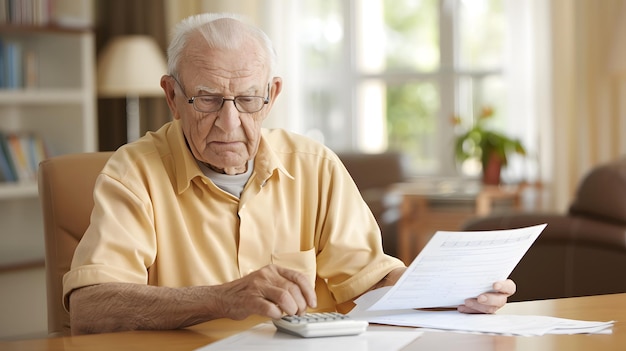 Elderly man budgeting with a calculator and paperwork realistic photo commercial photography