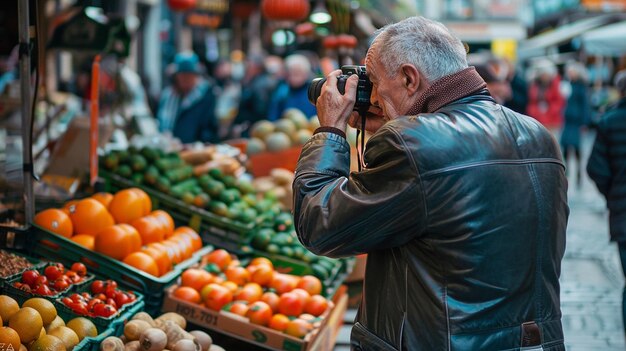 Photo elderly man capturing bustling market scene