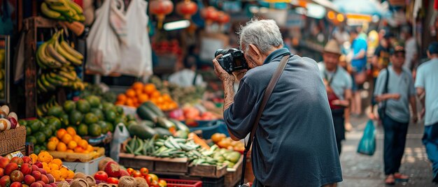 Photo elderly man capturing bustling market scene