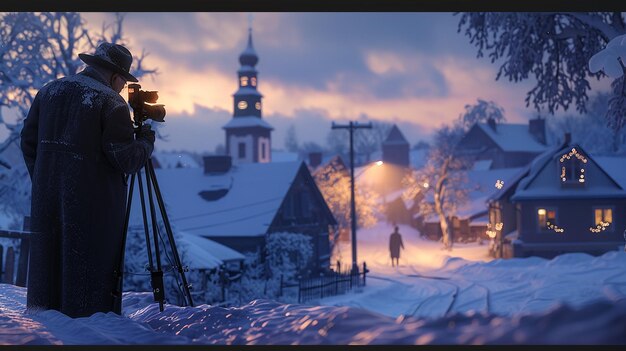 Photo elderly man capturing snowy village scene