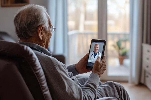 Elderly man consults doctor via smartphone