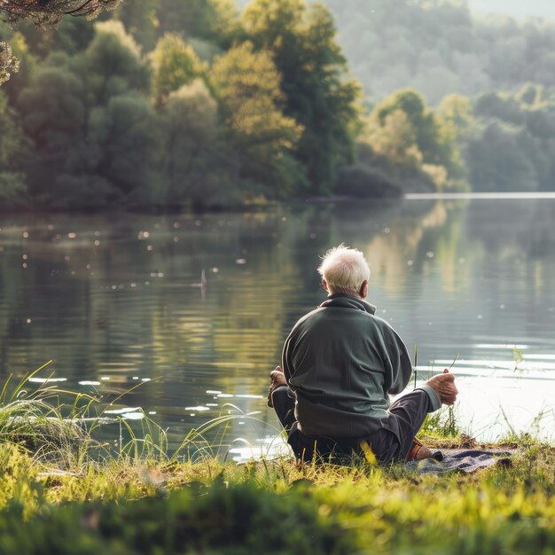 Photo elderly man contemplating by tranquil lake