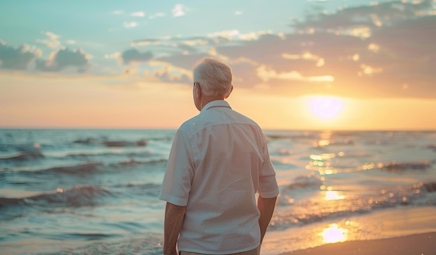 Elderly man contemplating sunset on tranquil beach