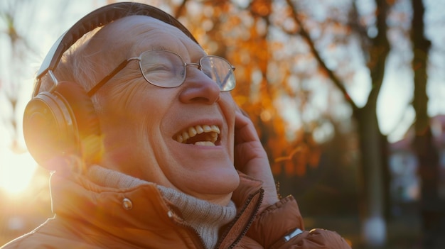 Elderly man delighted by music basking in golden sunlight with headphones