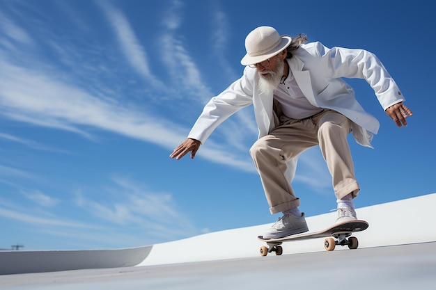 An elderly man elegantly dressed riding a skateboard