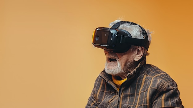 elderly man emotional joyful surprised with virtual reality sunglass