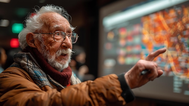 Elderly Man Engaged in a Technology Lesson with Digital Screen