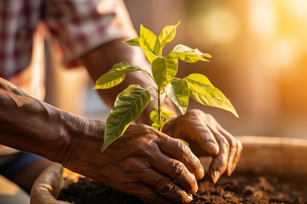 Elderly man engaging in the act of planting a young tree on a beautiful sunlit day