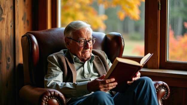 Photo elderly man engrossed in reading a book indoors with fall foliage visible outside