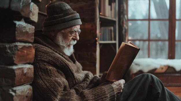 Elderly man engrossed in reading a classic novel by the fireplace