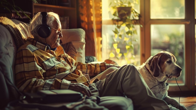 Elderly man enjoying a dance session with headphones his dog resting and watching peacefully