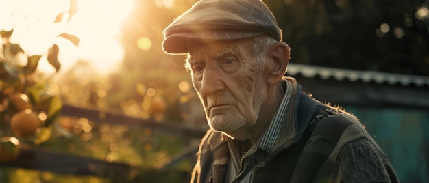 An elderly man etched with life39s stories gazes thoughtfully in the warm golden hour light