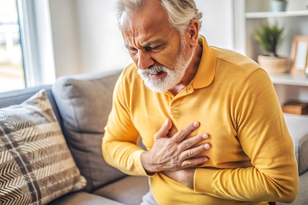 Photo elderly man experiencing chest pain possible heart attack symptoms