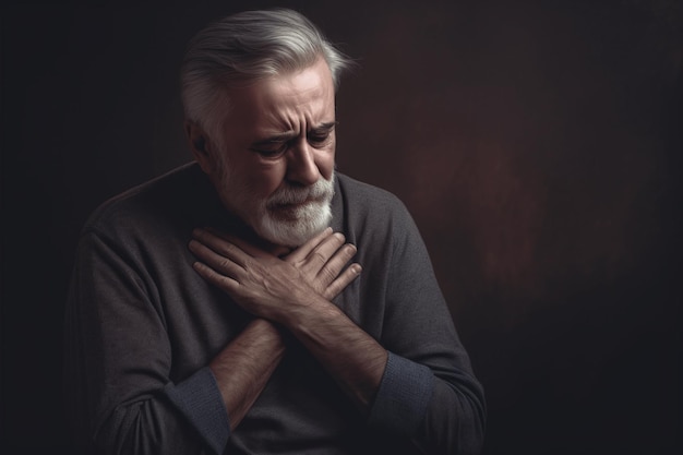 elderly man feeling unwell upset old middleaged grandfather touching throat with hands experiencing