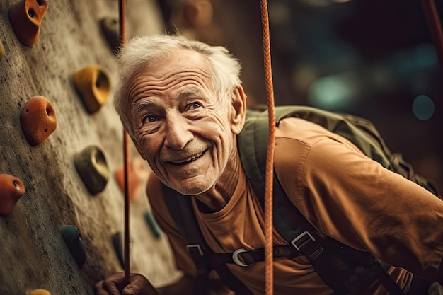 An elderly man finds joy in pursuing his passion for rock climbing His active and fulfilling retirement challenges the notion of a sedentary old age Generative AI