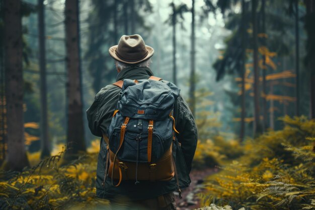 Elderly Man Hiking in the Black Forest in Traditional Bavarian Clothing